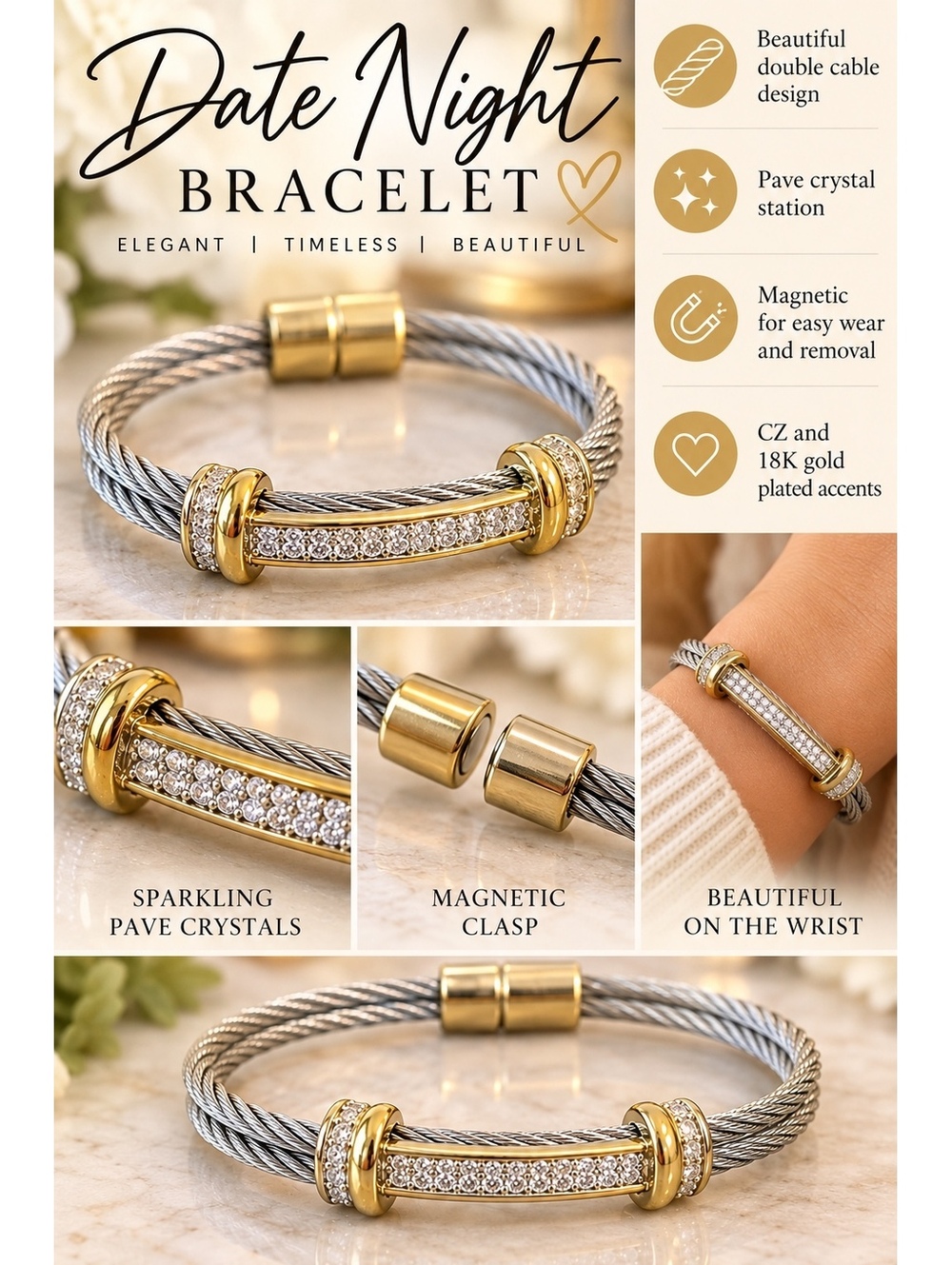 Date Night Bracelet with Sparkling Pave Crystals and 18KGP